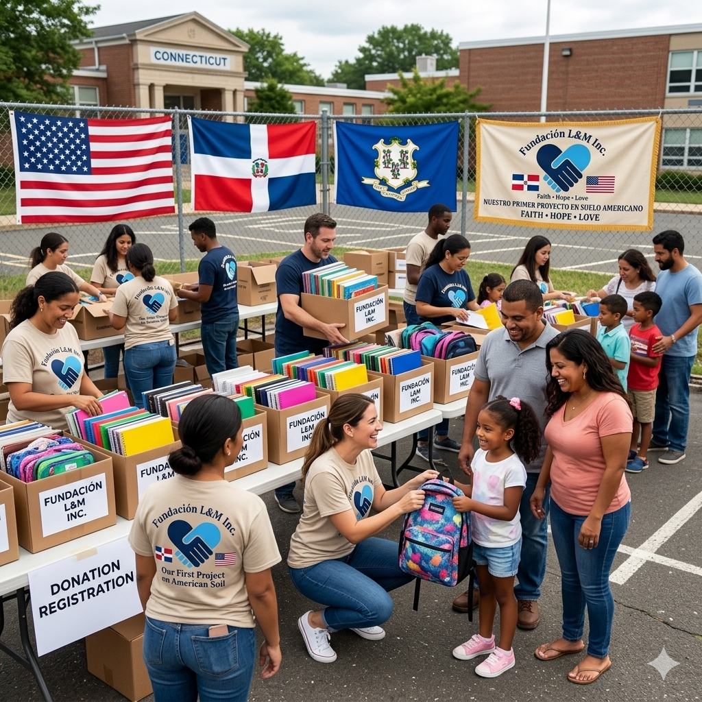 Voluntarios entregando útiles — suelo americano